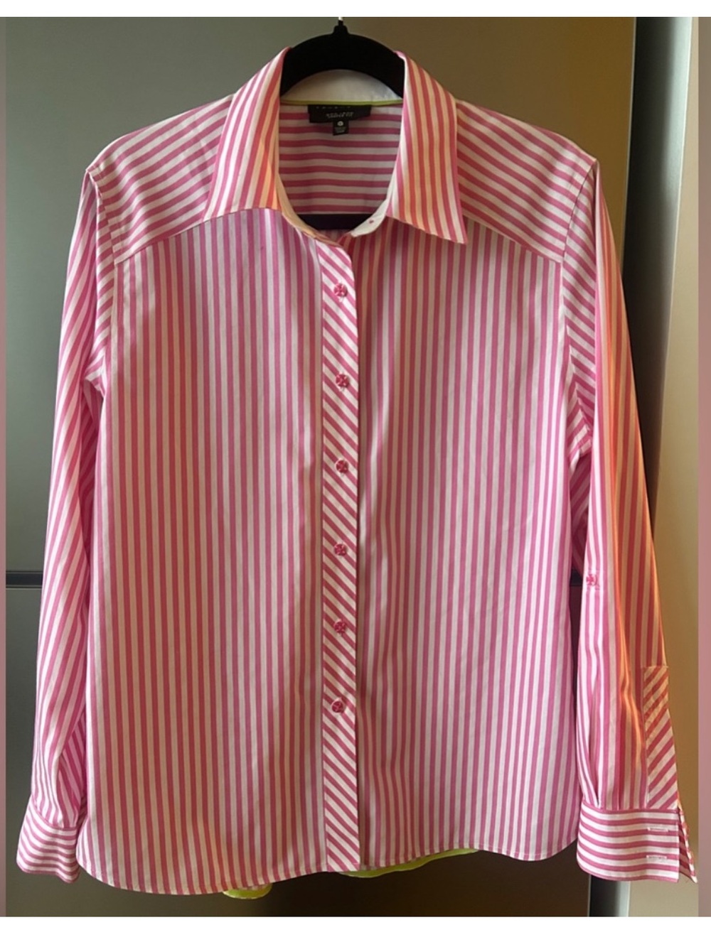Foxcroft Pink White Striped Button Down Shirt Cotton Long Sleeve Blouse